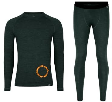 DANISH ENDURANCE Merinowolle Thermo-Unterwäsche Set, Premium Skiunterwäsche, Funktionsunterwäsche, Lange Unterhose & Langarmshirt für Herren, Dunkelgrün, L