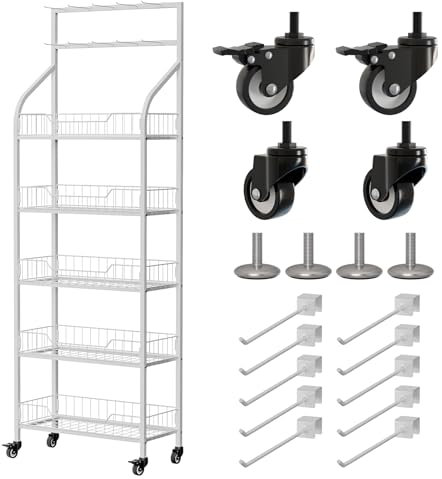 5-stöckiges Snackregal aus Weiß Metall mit Rädern, 170cm-Süßigkeitenregal für den Einzelhandel, großer abnehmbarer Brotständer mit 10 Haken, stabiles Chipsregal für Geschäfte, Küchen und Büros