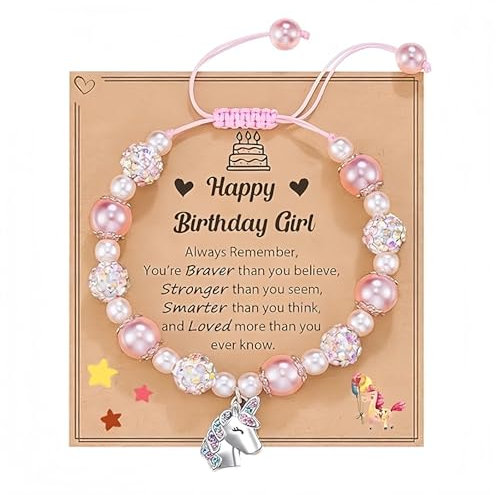 Bracelet Fille Licorne Spour Enfant Faveurs de Fête Anniversaire Ajustable,Bracelet Licorne Bijoux Convient pour les Cadeaux D'anniversaire et de Vacances Perles Rose