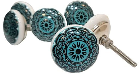 KNOBSWORLD Lot de 6 boutons de porte en céramique peintes à la main - Motif mandala classique - Pour tiroirs, armoires, commodes, placards, meubles - Avec vis et écrous (12)