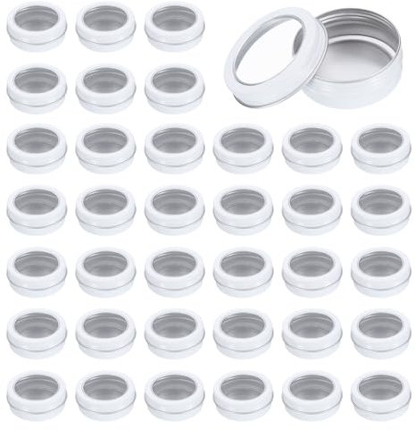 sourcing map Latas de 2 onzas, 40 latas redondas de aluminio, latas pequeñas de metal de tamaño de viaje, recipientes de muestra de cosméticos con tapa transparente para barras de loción, bálsamos