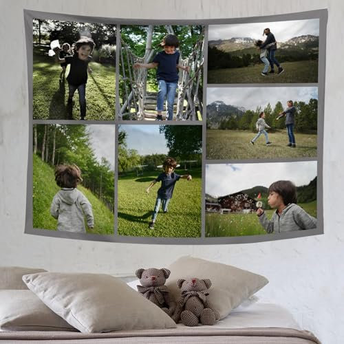 HDYFYP Wandteppich mit Eigenem Foto Name, Personalisierter Foto Collage Tapisserie Selber Gestalten Bedrucken Wandbehänge Wandtuch Geschenk für Schlafzimmer Wohnzimmer Weihnachten (7 Fotos)
