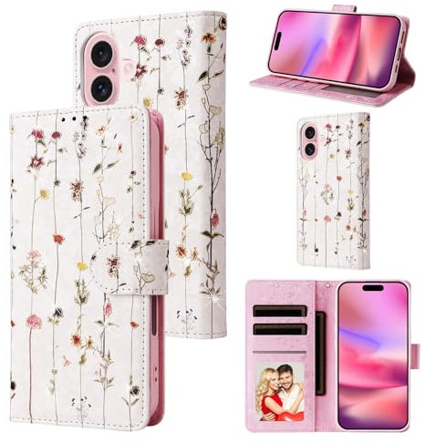 UEEBAI Wallet Case for iPhone 16 Plus 6.7, PU Leather Phone Case Kickstand RFID Blocking Flip Case Card Slots Wrist Strap Relief Engraved Pattern Magnetic Closure Folio Case - Vine