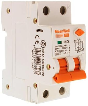 MeanWell Interruttore Magnetotermico Differenziale Tipo A 30mA 6000A, RCBO 1P+N C32 32A, Curva C 220V, 2 Poli Da 2 Moduli Barra DIN