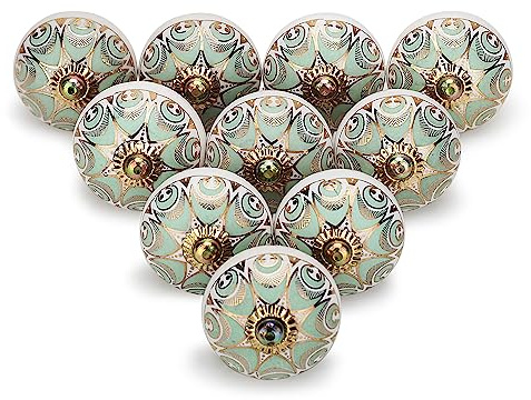 FURNISHFUL FINESSE Goldfarbene Keramikknäufe für Schrank, grün, sortiert, Vintage-Stil, Schrankknöpfe für Küche, Möbel, Tür, Kommode, Kleiderschrank und Inneneinrichtung, 30 Stück