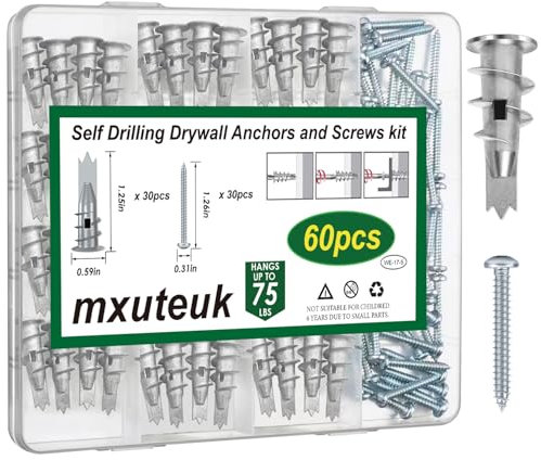 mxuteuk 60 Stück #8 Selbstbohrende Zinklegierung Trockenbau Dübel und Schrauben Kit - Hält bis zu 75lbs, für Trockenbau hängend und Montage No Drill Hole