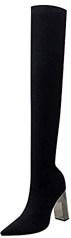 Stivali sopra il ginocchio, da donna, sexy, elasticizzati, con tacco a blocco, a spillo, lunghi stivali aderenti con tacco alto, a punta, senza spalline, Nero , 37 EU
