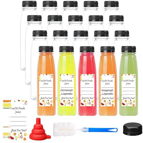 wintfarm 20pcs 13.6oz/400ml Empty Plastic Juice Bottles with Caps, Reusable Water Bottle, Clear Bulk Drink Containers with Black Tamper Evident Lids for Juicing,Smoothie round