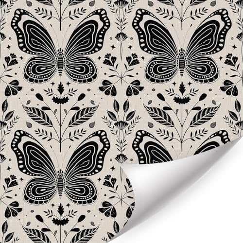 ANHUIB Vintage Butterfly Wallpaper Dark Butterfly Wallpaper Bedroom(44x300cm) Retro Beige Wall Stickers Boho Floral Dark Butterflies Stick on Wall Paper for Livingroom Cabinets
