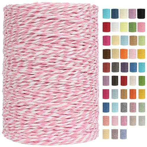 Raffia Garn Zum Häkeln Papiergarn Bast 2mm X 300m Geflochten Raffia Papierdraht, Weiches Geflochtenes Bastband Natur, Strickgarn Bast Zum Häkeltaschen, Körbe, Hüte Handarbeiten (Pink/Weiß,2mm)
