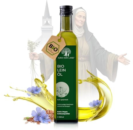 Aura vom Land Bio Premium Leinöl Kaltgepresst 250ml – Nach Hildegard von Bingen - Natürliches Leinsamenöl - Reich an Omega-3-Fettsäuren hochdosiert aus Leinsamen – Linseed Oil aus Deutschland