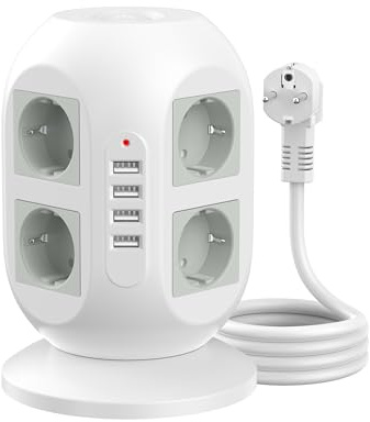 COLSTAR 8-Fach Steckdosenturm, 4 USB, 2 Schalter, Überspannungsschutz, 2m | Überspannungsschutz, 2500W Überlastschutz, Elegantes Weiß, Turm-Design, flammhemmendes ABS+PC, gummierte Unterseite