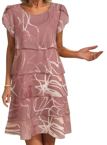 Robe Fleurie Femme Été en Mousseline Imprimé Fleurs À Manches Courtes Col Rond Superposés Volants Robe Chic et Élégant Léger et Respirant Décontracté Dress Plage Cocktail (A06-Light Purple, XL)