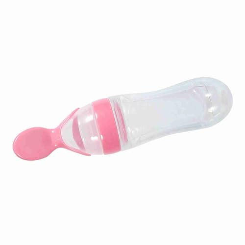 Babe Feeder, 90mL Silicone Babe Cereal Squeeze Babe Food Feeder Babe Food Bottle Feeder with Spoon Fresh Food Cereal for Feeding Cereal, Milk, Porridge (Pink)