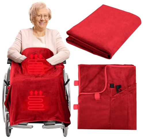 Hahafelt 12v Heated Flannel Wheelchair Blanket, Red Portable Heated Throw for Elderly 2 Heating Zones, Camping Essentials, Elderly Gift