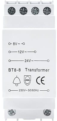 DEWIN Trasformatore for Campanello,BT8-8 Trasformatore 24V per Campanelli Tensione di ingresso: 230V,Tensione di uscita: 8V/12V/24V per Campanelli Cablati e Compatibile