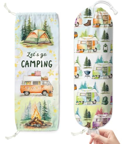 DOODLREAM 2Pcs Camper Campfire Tent Bag Holder 58.4 x 22.8 cm | Hanging Grocery Organizer with Drawstring Bottom, Canvas Reusable Washable Space Saving Storage Dispenser