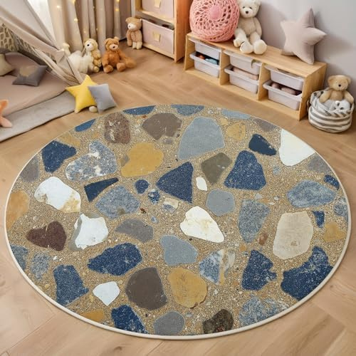ALTCIRNMD 3D Brown-Blue Terrazzo Flooring Print Round Rugs Modern Carpets Living Room Rug,Industrial Art Extra Large Size Soft Anti Slip Washable Floor Mats For Bedroom Kids Room Decor,200Cm
