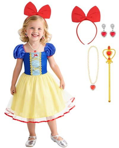 BSBUY Weißer Schnee Prinzessin Kostüm Kinder, 5Pcs Set Mädchen Kleid mit Halskette Ohrringe Krone und Zauberstab, Cosplay Lang Kleidung für Karneval Verkleidung Halloween Geburtstag Party 80-110cm