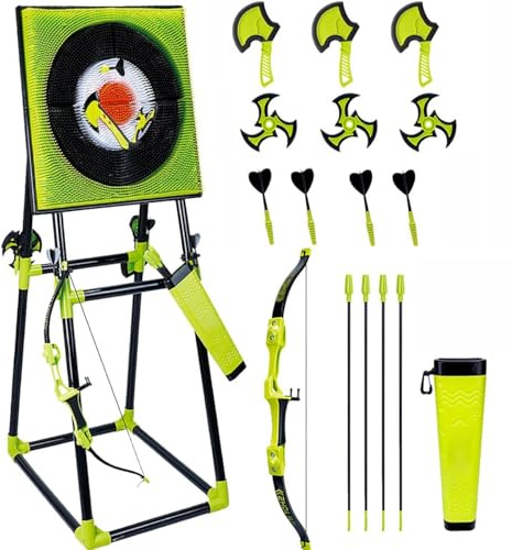 4 in 1 Axe Throwing Game Set, Target Board with Axes Darts Bows Star Darts, Collapsible Stand for Indoor Outdoor Backyard Play for Adults Kids