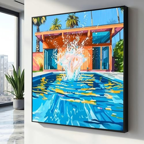 LMYCHENG Modernes Leinwandgemälde mit Pool-Spritzer, David Hockney-Wandkunst, tropische Palmen aus der Mitte des Jahrhunderts, Poster und Drucke, Heimdekoration (30 x 30 cm/Innenrahmen)