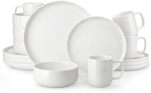 MALACASA Set di stoviglie per 4 persone, LUNA 16 pezzi servizio da tavola in porcellana bianca, Set di stoviglie moderne con piatti da portata, piatti da dessert, ciotole per cereali e tazze da caffè