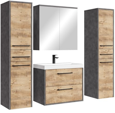 Badplaats Badmöbel Komplettset Florence 60 x 35 cm Kastanien Eiche mit Grau - Badezimmermöbel mit Waschbecken, Spiegelschrank und 2 Badezimmerschränke