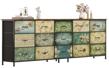 VEDECASA 200cm Stoffkommode 15 Schubladen, extra Lange breite Aufbewahrungskommode mit Holzplatte & Metallrahmen, großer Schubladenschrank im Vintage Blumen Design für Schlafzimmer, Wohnzimmer, Flur