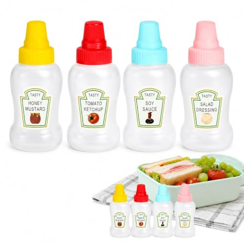 Seywong 4 Pcs 40ml Mini Squeeze Sauce Bottles with Leakproof Screw Cap | Food Grade PE Small Squeeze Condiment Pots Colour Coded Lids Reusable Travel Dressing Dispensers