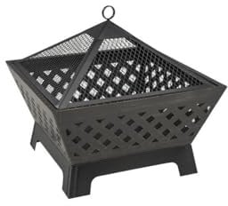 LANDMANN Brasero - Motif croisé au design distinctif - Avec grille en maille pour protéger contre les étincelles - Construction conique en acier - Avec tisonnier et capot de protection contre les intempéries - Noir