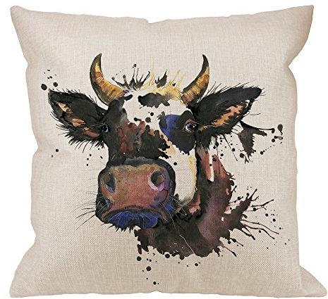 HGOD DESIGNS Kuh-Kissenbezug, dekoratives Wurfkissen, Aquarell-Grafiken, Kuh mit Spritzer, Kissenbezüge, Baumwollleinen, für drinnen und draußen, quadratisch, 45.7 x 45.7 cm, Schwarz / Braun