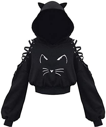 EUDOLAH Damen Hoodie Schulterfrei Katzen Ohr Hoodie Kapuzenpulli mit Bänder kurzes Sweatshirt (Katzengesicht S)