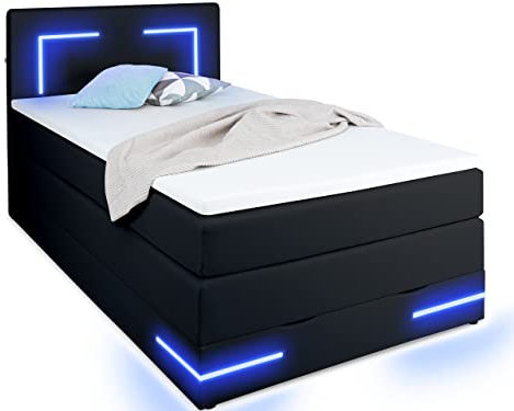 wonello Boxspringbett 120x200 mit Bettkasten und LED Beleuchtung - gemütliches Bett mit LED Beleuchtung - Stauraumbett 120 x 200 cm schwarz mit Matratze und Topper