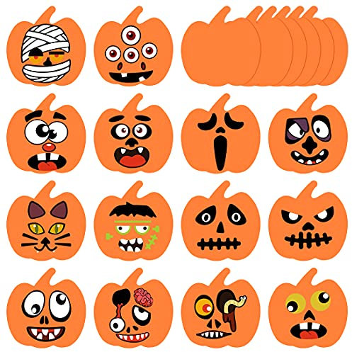 Wishstar Halloween Basteln Kinder, Halloween Kürbis Schaum Aufkleber, Halloween Bastelset mit 14 Schaum Kürbis und 14 Kürbis Gesicht Sticker, DIY Kürbis Bastelset für Halloween Party Deko