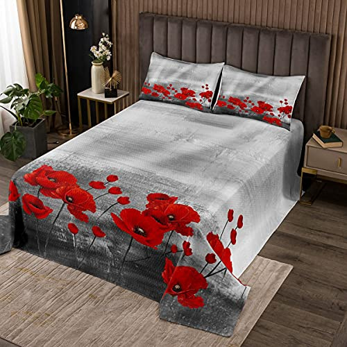 Loussiesd Rote Mohnblumen Tagesdeck 240x260cm Wohndecke Aquarell Blumenkunst Steppdecke für Frauen Erwachsene Mädchen Romantische Botanische Natur Bettüberwurf Grau Rot Dekor weich Mikrofaser