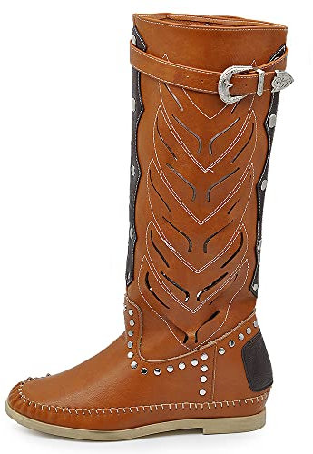 IF Fashion Stivali Indianini Primaverili Estivi Al Ginocchio Traforati da Donna Con Fibbie Borchie 83-1 cuoio N.39