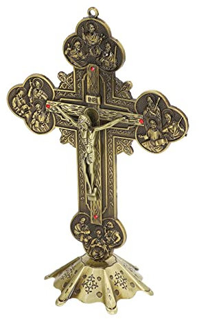 Tnfeeon Kruzifix, Bronze, Stabile Basis, Desktop-Ornament, mit Intarsien, Rot, Vintage-Stil, Attraktive Dekorative Metall-Tischdekoration für Katholisches