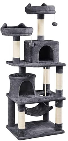 Abician Arbre à Chat Multiniveau Tour d'escalade Griffoir pour Chat avec 2 Perchoirs et 2 Niches Poteaux en Sisal Lit hamac Boule pour Chats de Taille Moyennne 158 cm de Haut Gris Foncé