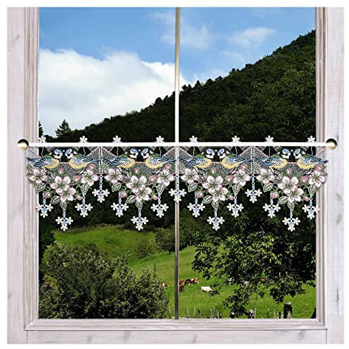 Feenhaus-Scheibengardine Vogelgezwitscher Plauener Spitze mit Kirschblütenzweig Stangendeko für den Frühling 23 x 74 cm