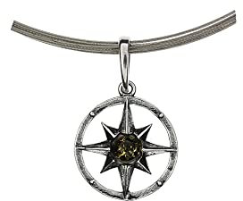 Artisana-Schmuck Pendentif en ambre (sans chaîne), petit pendentif en forme de rose du vent verte en ambre et argent sterling 925/000 rhodié, Ambre de la Baltique Argent sterling 925/000, Ambre