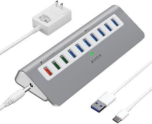 Hub USB 3.1 Gen 2 alimentado de 10 Gbps, 10 puertos USB C/USB 3.0 a USB 3.1 Hub multipuerto USB divisor USB extensor (7 puertos de datos USB 3.1 y 3 puertos de carga rápida) con adaptador de corriente