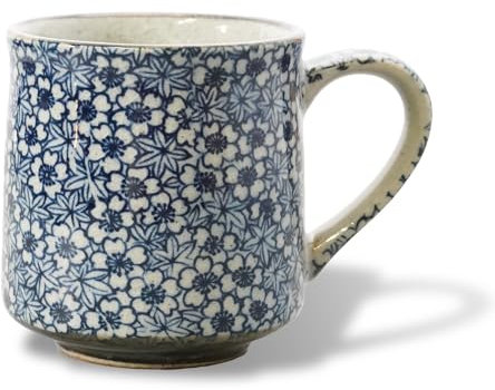 Nostalgic Mino Ware Ceramic Sometsuke Small Mug Cup - Japanese Crafted, Floral Pattern, Comfort Grip Handle, For Coffee and Green Tea or Soup, Matcha Tea, Gift Box Included (Kyokomon)