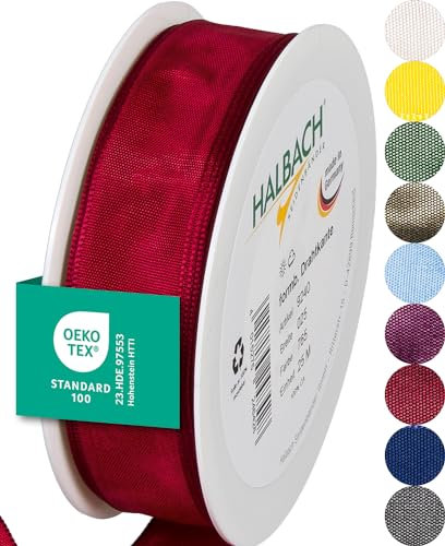 Halbach Seidenbänder Premium Geschenkband mit Drahtkante | Breite 25mm Länge 25m | Öko-Tex 100 zertifiziertes Schleifenband | Taftband Made in Germany, Farbe: rubinrot