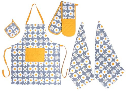 Olivia Rocco Kitchen Sets Apron Double Oven Gloves Towel Set Heat Resistant Oven Mitts Pot Holder for Home Kitchen Baking and Cooking Pack of 5, Summer Ochre