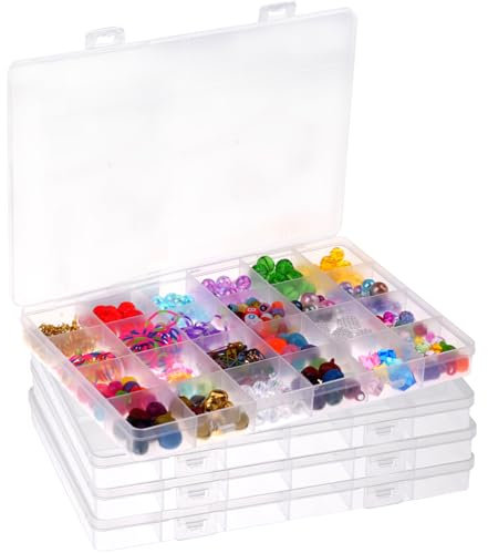 Deepton 4 Stück Sortierbox, Fächer Aufbewahrungsbox, Sortierboxen für Kleinteile, Transparent Sortimentskasten mit 24 Fächern, Plastik Sortierboxen für Kleinteile, Perlen, Schrauben, Büromaterial