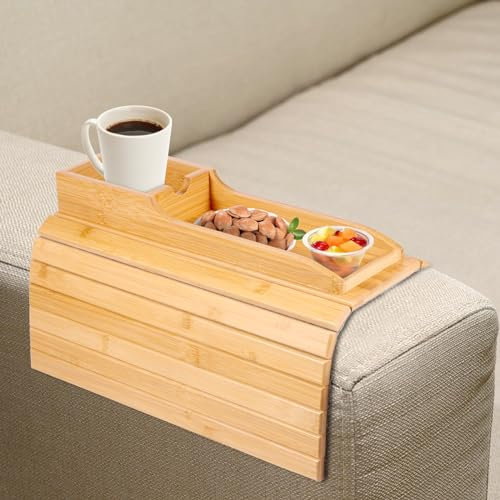 Foldable Sofa Arm Tray Table - Natural Pine Wood Side Table, Armrest Clip Tray, Waterproof Couch Organizer, Drink Snack Remote Control Holder (D)