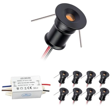 HHTUN 902 LED Downlight DC12V 1W, geeignet für Bücherregale, Schränke und verschiedene Anzeigeschränke als dekorative Lichter, eingebettete Installation, mit Stromversorgung (6000K, Schwarz, 9Pack)