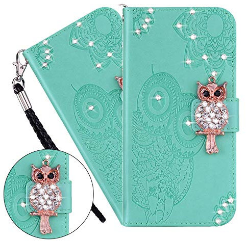 LEMAXELERS Samsung Galaxy A55 5G Hülle, Für Samsung Galaxy A55 5G Handyhülle Glitzer Diamant Eule Blume Prägung Flip Case PU Leder Cover Magnet Schutzhülle Handytasche für Galaxy A55 5G, YK Owl Green