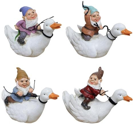 Décoration de jardin vintage nain | 4 nains assis sur des canards | Décoration d'intérieur miniature | Charmante statue de nain | Décoration de jardin fantaisiste pour les amateurs de jardin