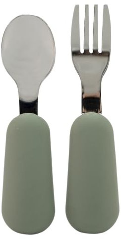 BABYZOCO Cubiertos bebe silicona y acero Inoxidable, cubiertos de iniciación, Set de cuchara y tenedor ergonómicos bebe, Cubiertos aprendizaje bebés, Desde 2 años, Diseño moderno, Verde